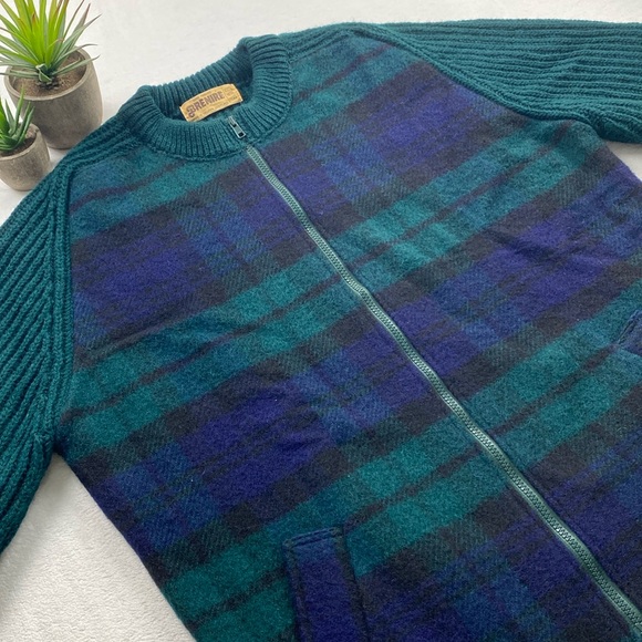Brenire Vintage Hand Framed Pure New Wool Knit Plaid Full Zip Sweater Jacket - Picture 4 of 14